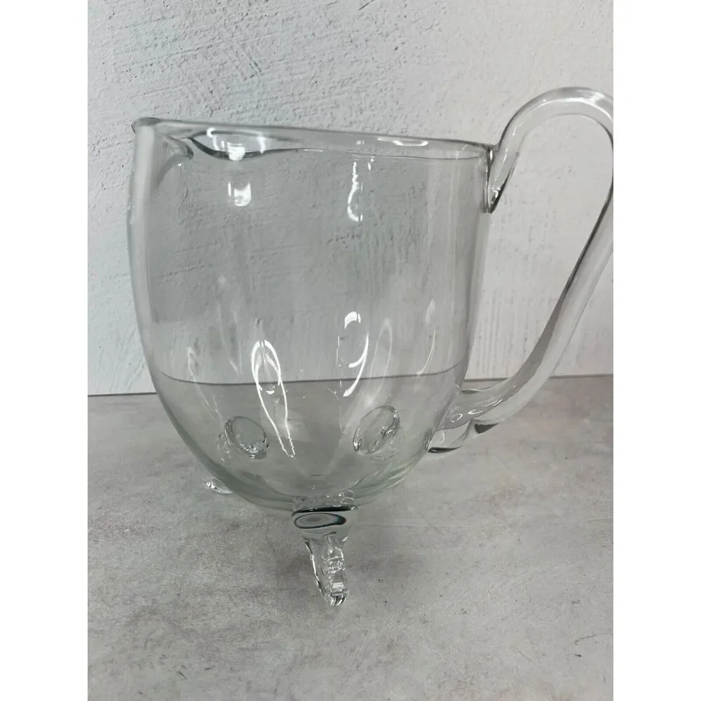 Vintage Blown Clear Glass Pitcher With‎ Three Legs & Handle Unique MCM Diffrent